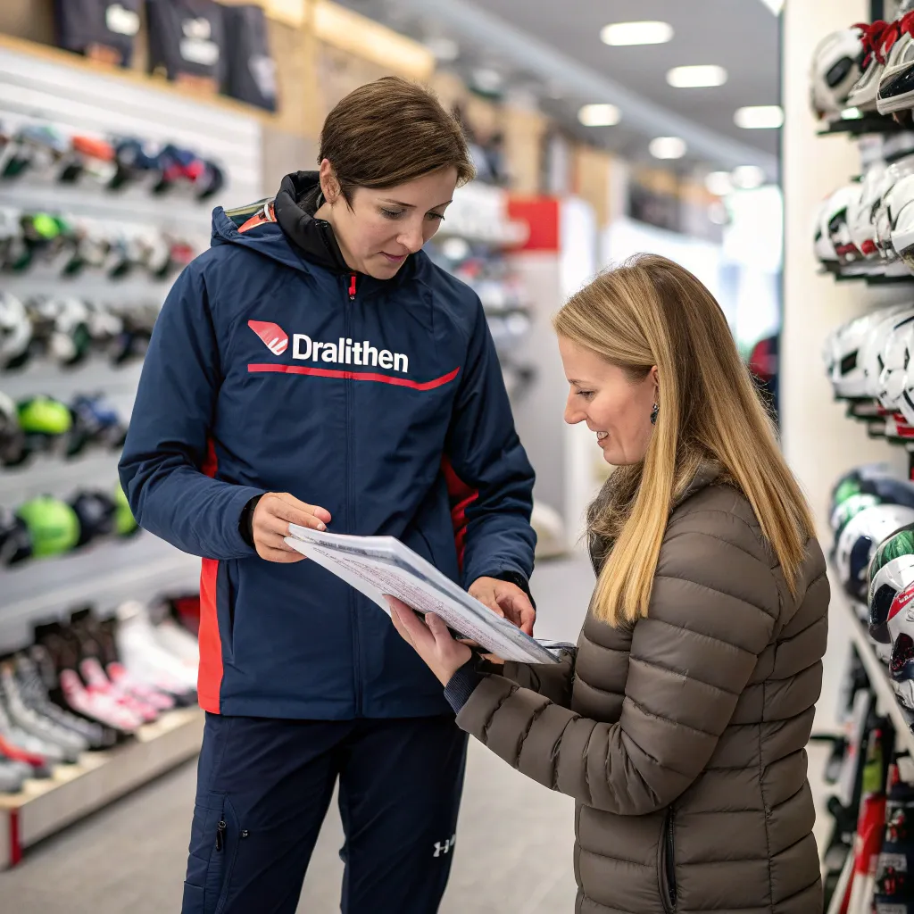 Customer service representative assisting with sports equipment rental at DRALITHEN